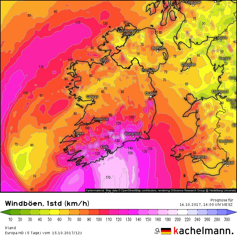 Kachelmannwetter Europa HD guidance: peak gusts 180-190 km/h at higher elevations in WandE Ireland, 150-170 km/h lower. 170-180 km/h in Wales.   