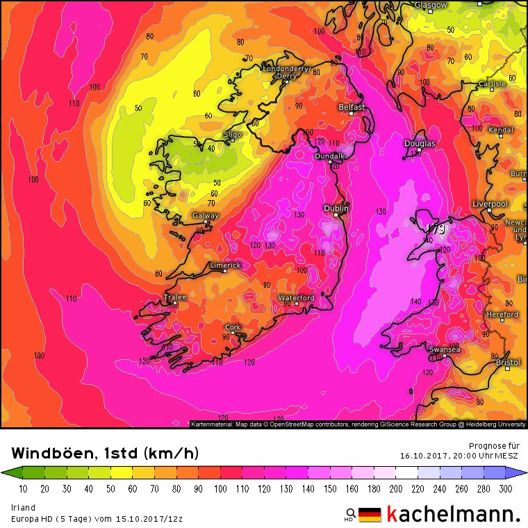 Kachelmannwetter Europa HD guidance: peak gusts 180-190 km/h at higher elevations in WandE Ireland, 150-170 km/h lower. 170-180 km/h in Wales.   