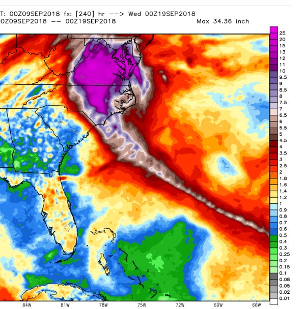 This precip map has me very nervous for North Carolina and Virginia. Florence may squat a while on the coast. Flooding major threat. #Florence   