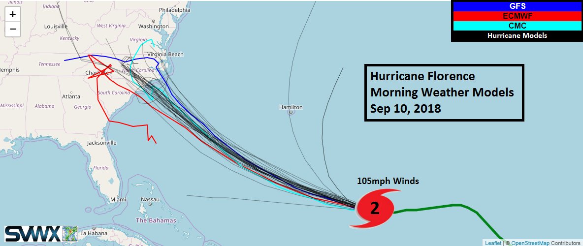 5am NHC update on hurricane Florence   a category 2 with 105mph winds and strengthening. No big track changes. Models like Thursday for landfall, but vary from Myrtle Beach, SC (EURO) to Morehead City, NC (GFS) with hurricane models liking Wilmington, NC. Next NHC update @ 11am.   