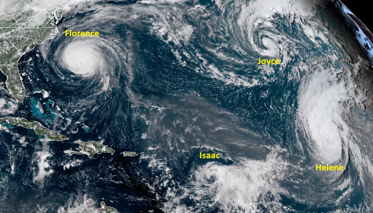 Subtropical Storm Joyce has formed in the Atlantic, joining Florence, Helene and Isaac. Together with Mangkhut, Olivia and Barijat in the Pacific there are   a record equalling seven named storms simultaneously active across the globe.   