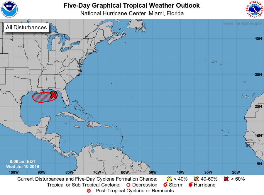 HURRICANE SEASON: NHC says a tropical depression could form later today or Thursday in the area highlighted red. The disturbance could dump very heavy rain from upper Texas coast to Florida Panhandle  