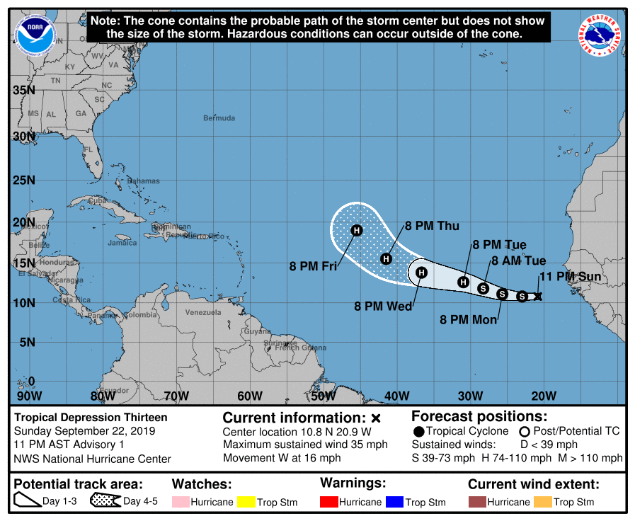 New this evening is the formation of Tropical Depression Thirteen in the far eastern Atlantic Ocean.  The system is expected to become a hurricane in a couple of days while it moves over the tropical Atlantic