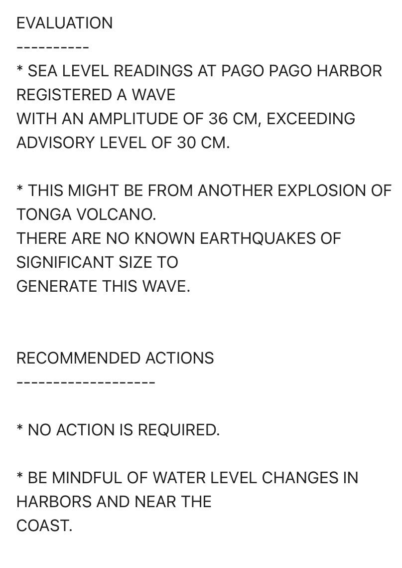 Sea level readings at Pago Pago (American Samoa) harbor registered a wave amplitude of 36 cm, according to @NWS_PTWC. This might be from another explosion of Tonga volcano”