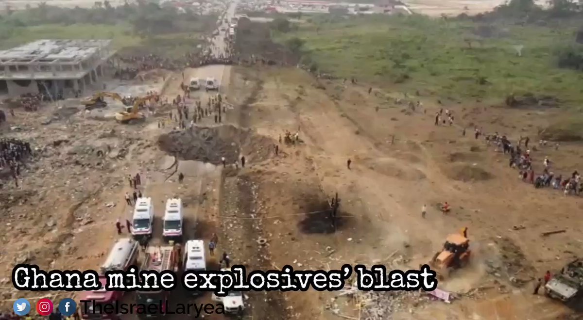 Mine explosives being transported to Chirano Mines in the Western region of Ghana exploded during the journey after the truck collided with a motorcycle.  The blast at Apeatse destroyed about 500 structures and left a  crater in the Tarkwa-Bogoso road.   Many are feared dead