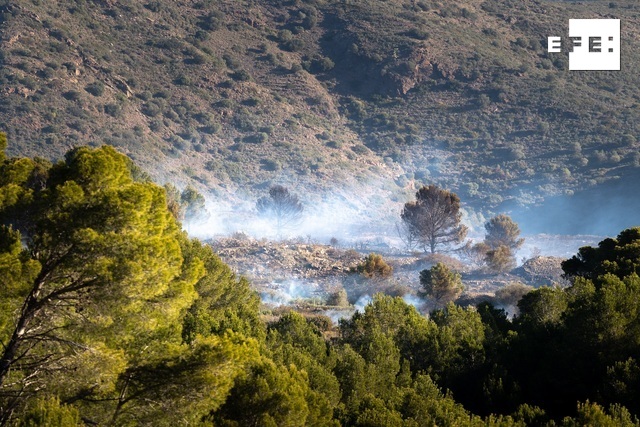 Firefighters continue to soak the perimeter of the fire in Roses (Girona) this morning