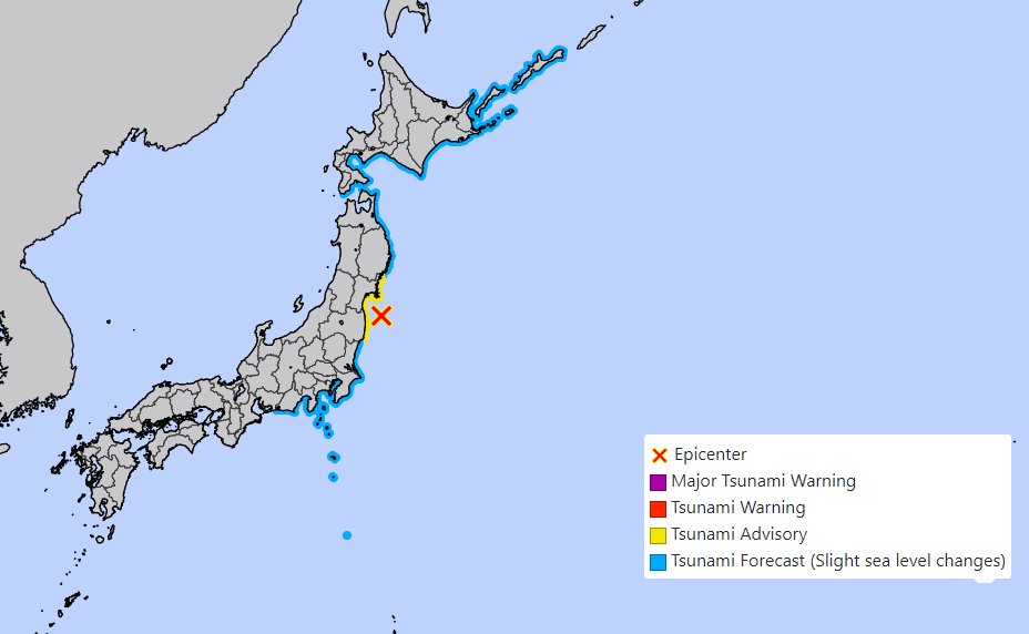 Tsunami alert for Fukushima and Miyagi after earthquake off Japan - JMA