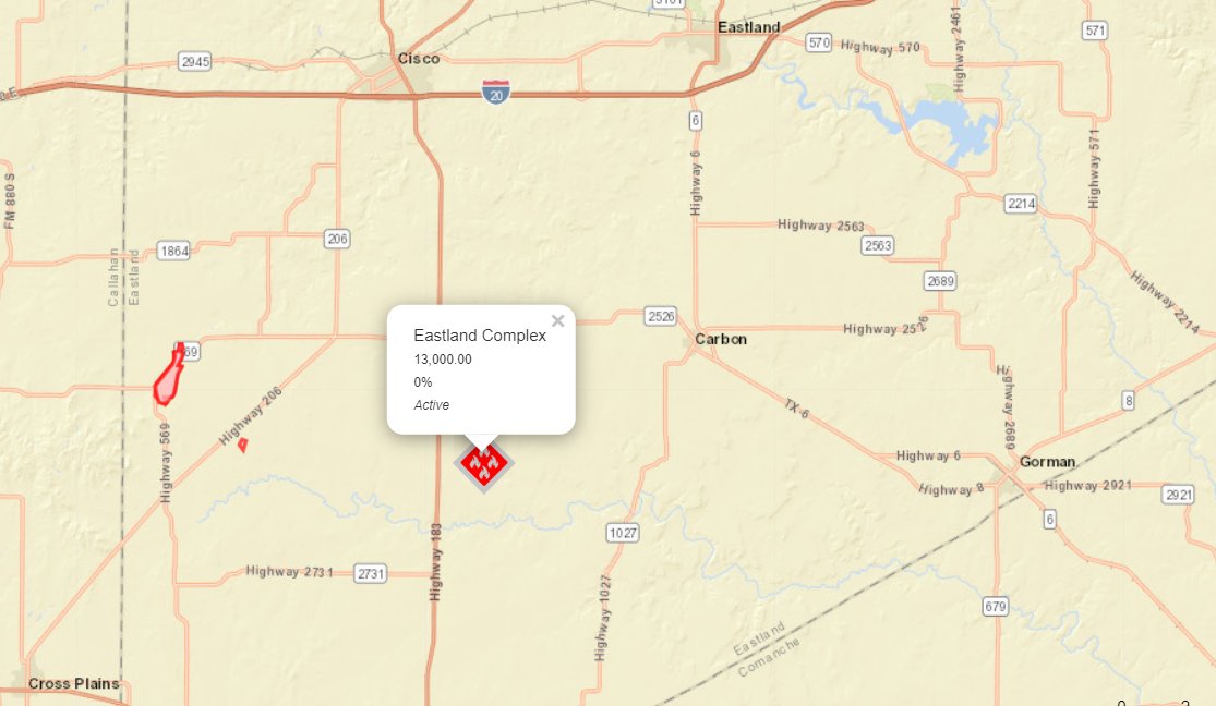 Multiple fires in Eastland County have been combined into the EastlandComplex. This includes the WallingFire. Fires are burning actively in heavy brush and are an estimated 13,000 acres. The Southern Area Grey Incident Management Team Type 3 has been ordered