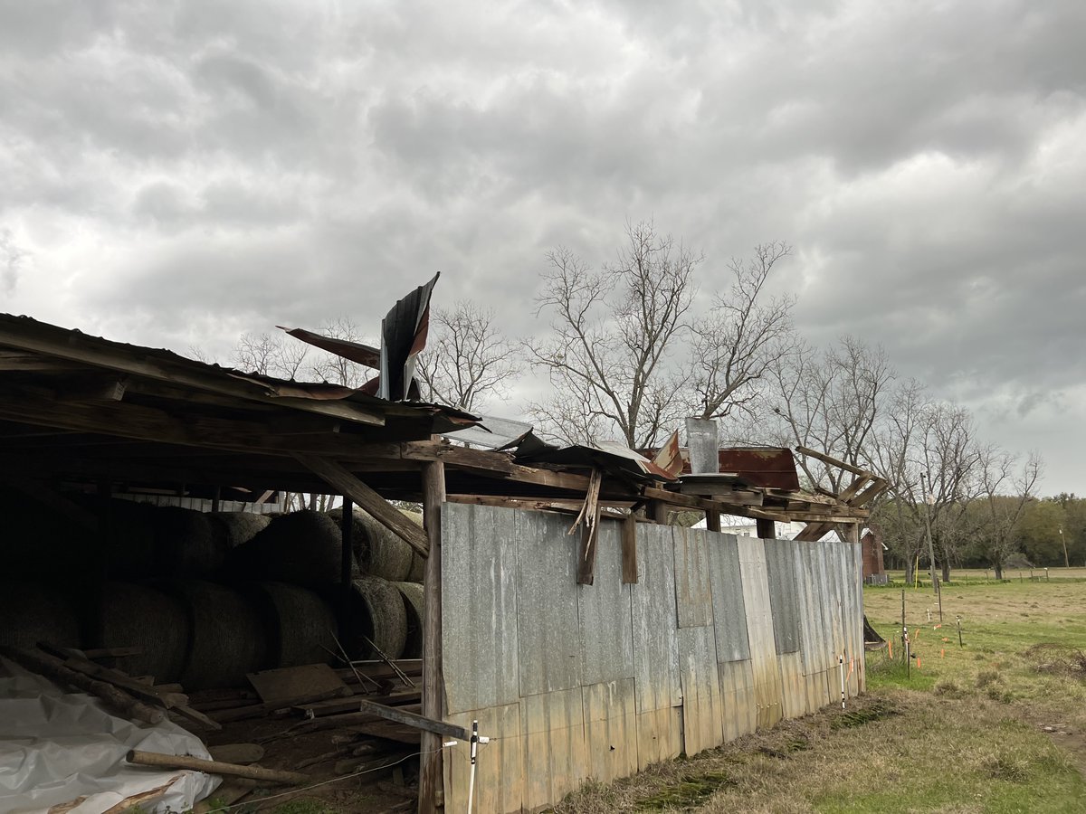 Wind damaged farm shed roof in Grady County, Georgia near Cairo. Pictures from Sam Gainous