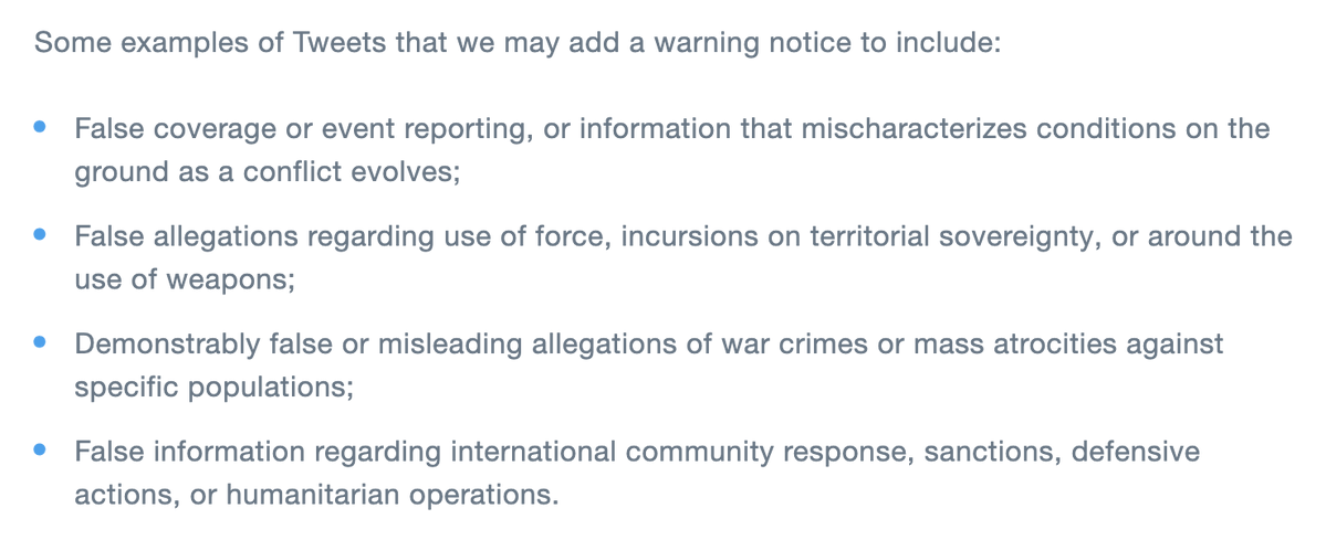 Twitter adds new crisis misinformation policy where content may have a warning notice if there's false coverage, allegations, misleading allegations of war crimes about conflict, public health emergencies, and large-scale natural disasters