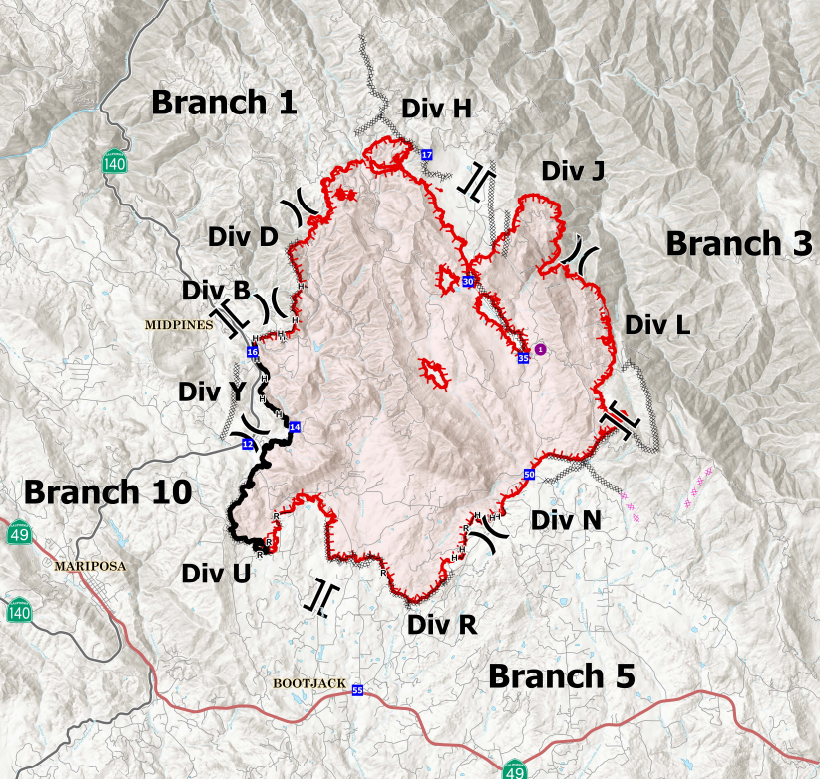 OakFire (Midpines, Mariposa Co) - Last update for tonight: very prominent on cams @ the north end, not hearing anything on it though. Ops map below: containment (black outline) showing for all of Hwy 140 S/O Carstens Rd. Night copter back @ base a while now, got too smokey