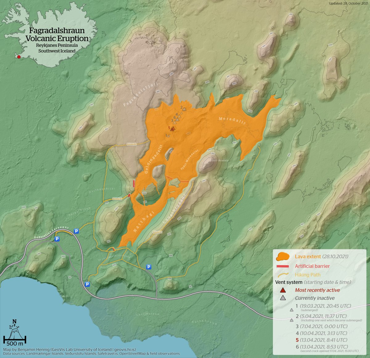 Fagradalshraun revisited: The map shows the lava field of last year's eruption ( the 1st photo shows the area two days ago & the live stream image shows what's happening just now