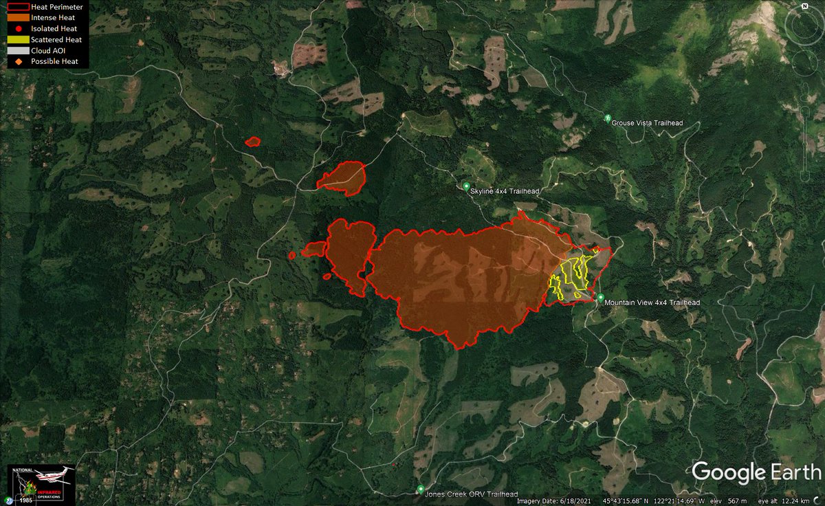 NakiaCreekFire: All of the spread appears to have been to the west, W/NW. Red = intense heat, yellow = scattered heat. Notable areas of heat well outside the main fire area. The furthermost N/W spot is 1.25 miles from the main fire