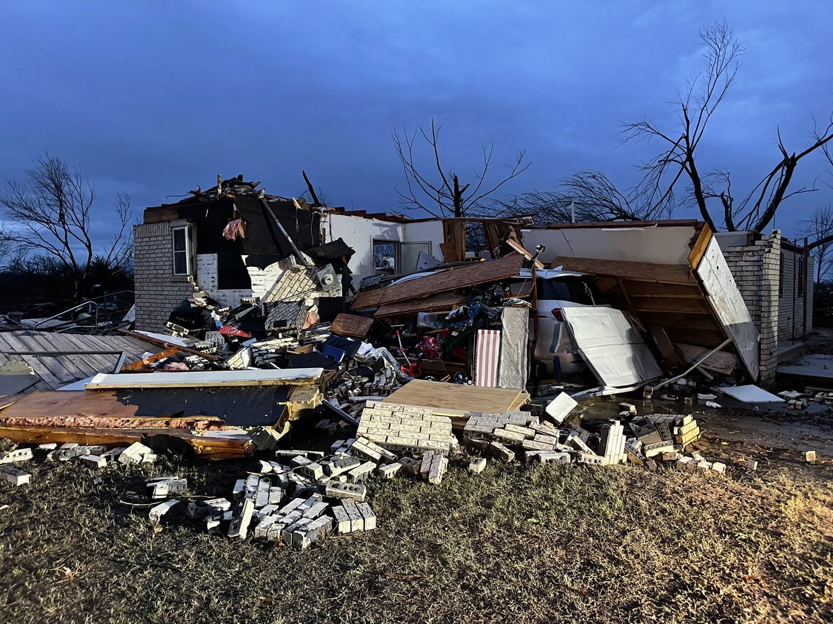 Destruction from a pre-dawn tornado in Oklahoma today
