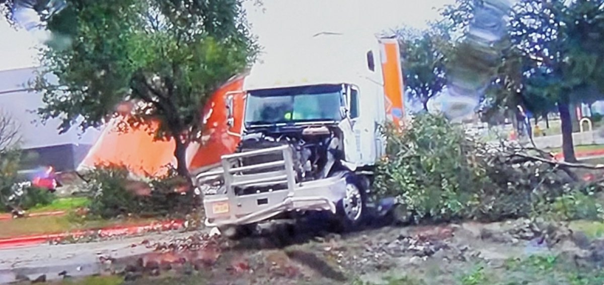 Semi truck severely damaged due to strong storms in Grapevine Texas near the @Walmart close to 114. The trailer is on its side.