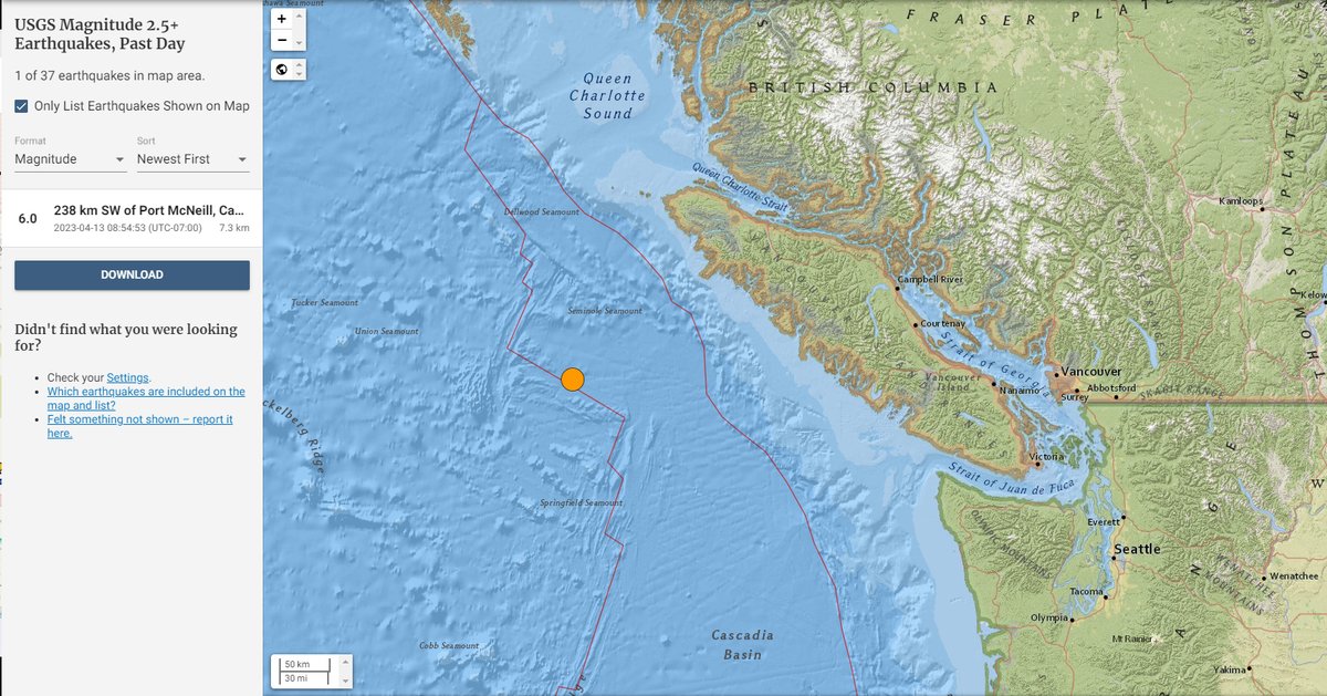 6.0 magnitude earthquake off of the coast of Vancouver  