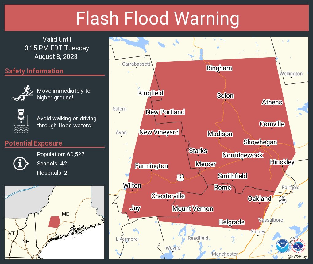 Flash Flood Warning continues for Skowhegan ME, Farmington ME and  Madison ME until 3:15 PM EDT