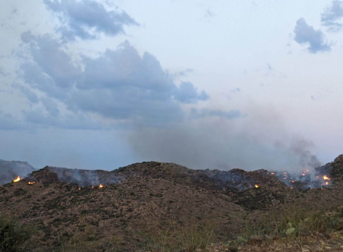 Fire activity has quieted down. One piece on west side burning up &amp; back into the black. Overhead monitoring the fire at this time due to the remote location and inaccessible terrain. Very low risk to transmission lines. Some resources on standby if necessary. Aircraft also ThompsonFire continues to burn W. of Skull Valley in Yavapai County. 94-acre fire started