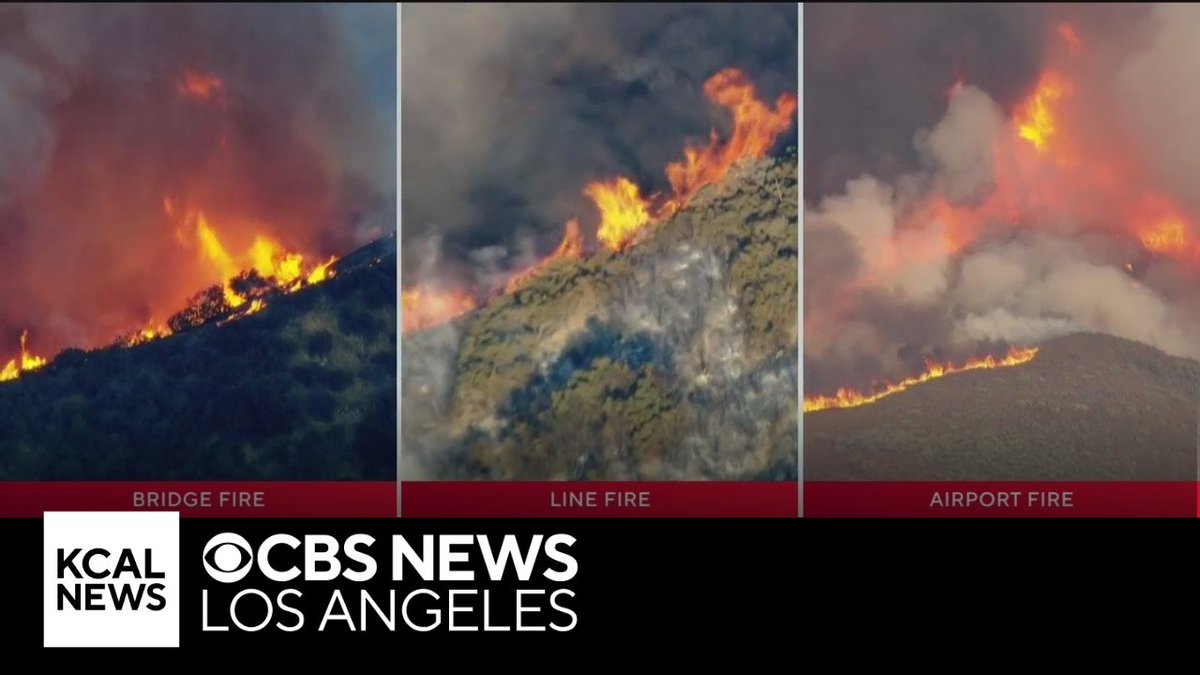 Three fires continue to burn across SoCal. Bridge fire: 0% contained, 46,600  acres burned, burning Mountain High ski resort. Airport fire: 0% contained, 22,000  acres burned, started in Orange County spread to Riverside County.Line Fire: 14% contained, 13,000 acres burned