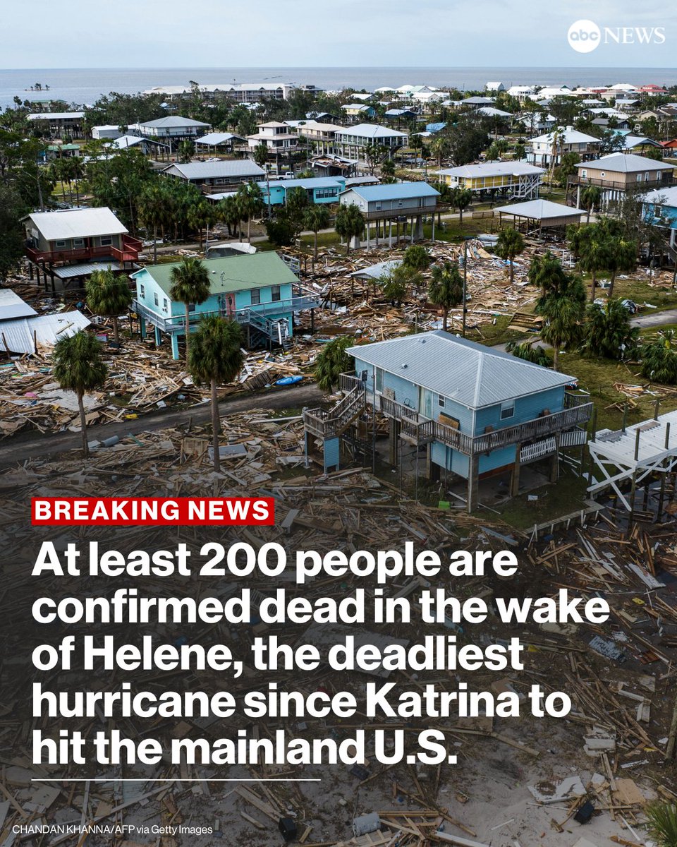 The death toll from Hurricane Helene has reached 200, according to The Associated Press.Helene is now the deadliest mainland hurricane since Katrina in 2005