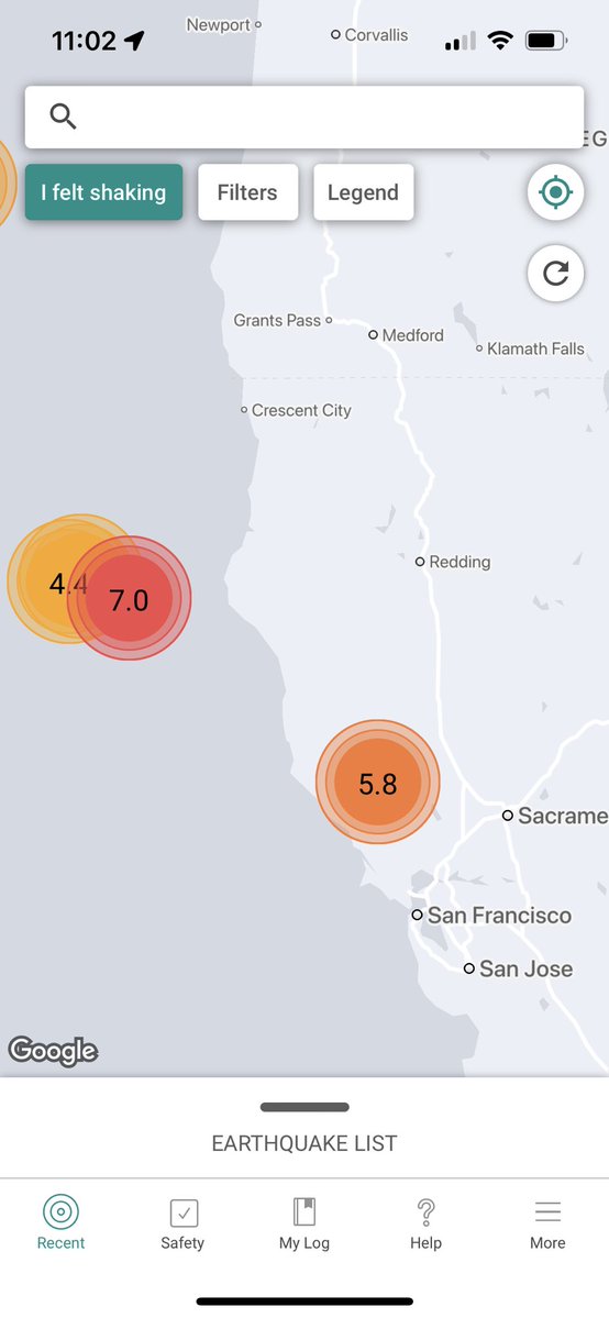 Multiple earthquakes strike Northern California including a preliminary 7.0 off the coast of Ferndale, CA and a 5.8 in Cobb, CA.  Tsunami warnings have been issued from Santa Cruz, CA to Florence, OR