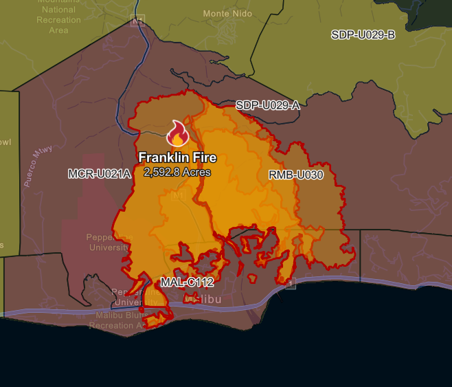 The Franklin Fire in Malibu has surpassed 2,500 acres as of late Tuesday morning