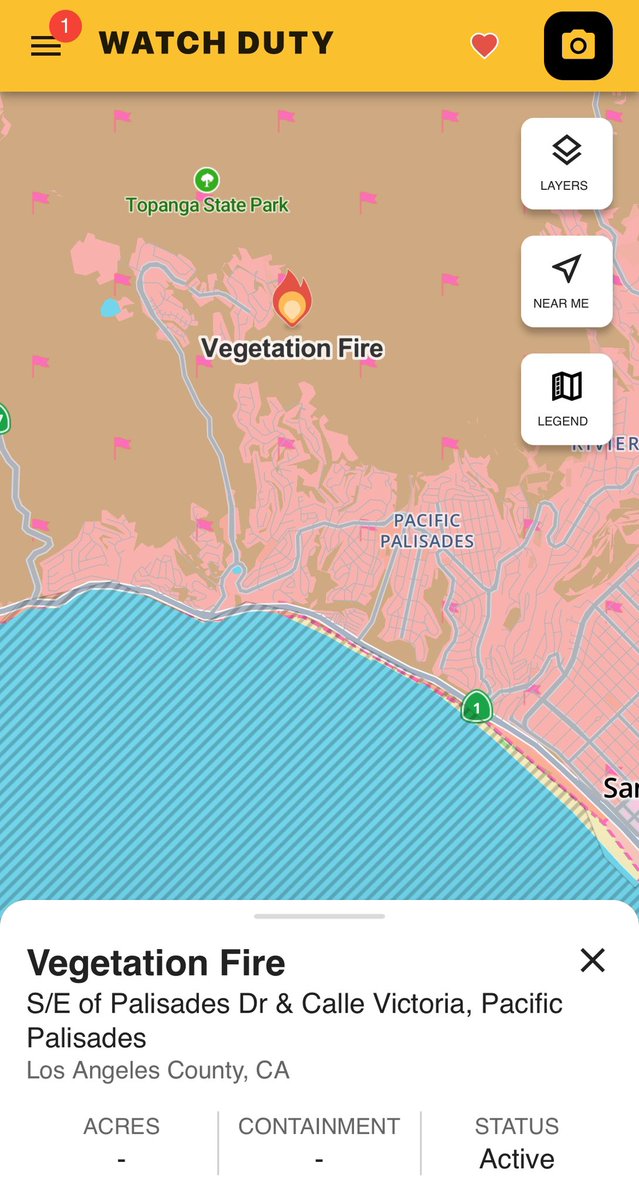 Crews are monitoring a new vegetation fire in Pacific Palisades.  Winds between 35-50 mph are expected in that area later today.We are aware of the vegetation fire in Pacific Palisades and are actively monitoring it