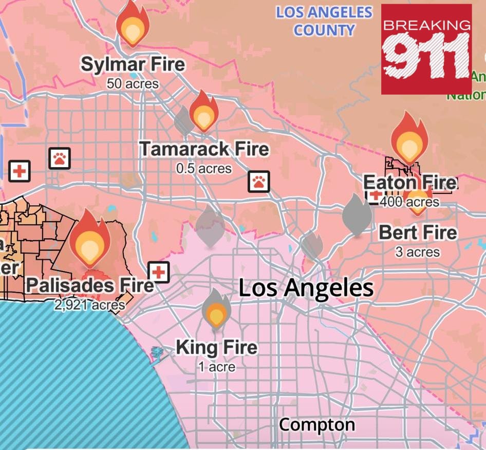 Los Angeles is now battling three active wildfires. The Sylmar Fire has quickly spread to 50 acres, the Eaton Fire has grown to 400 acres, and the Palisades Fire is currently burning across 2,921 acres