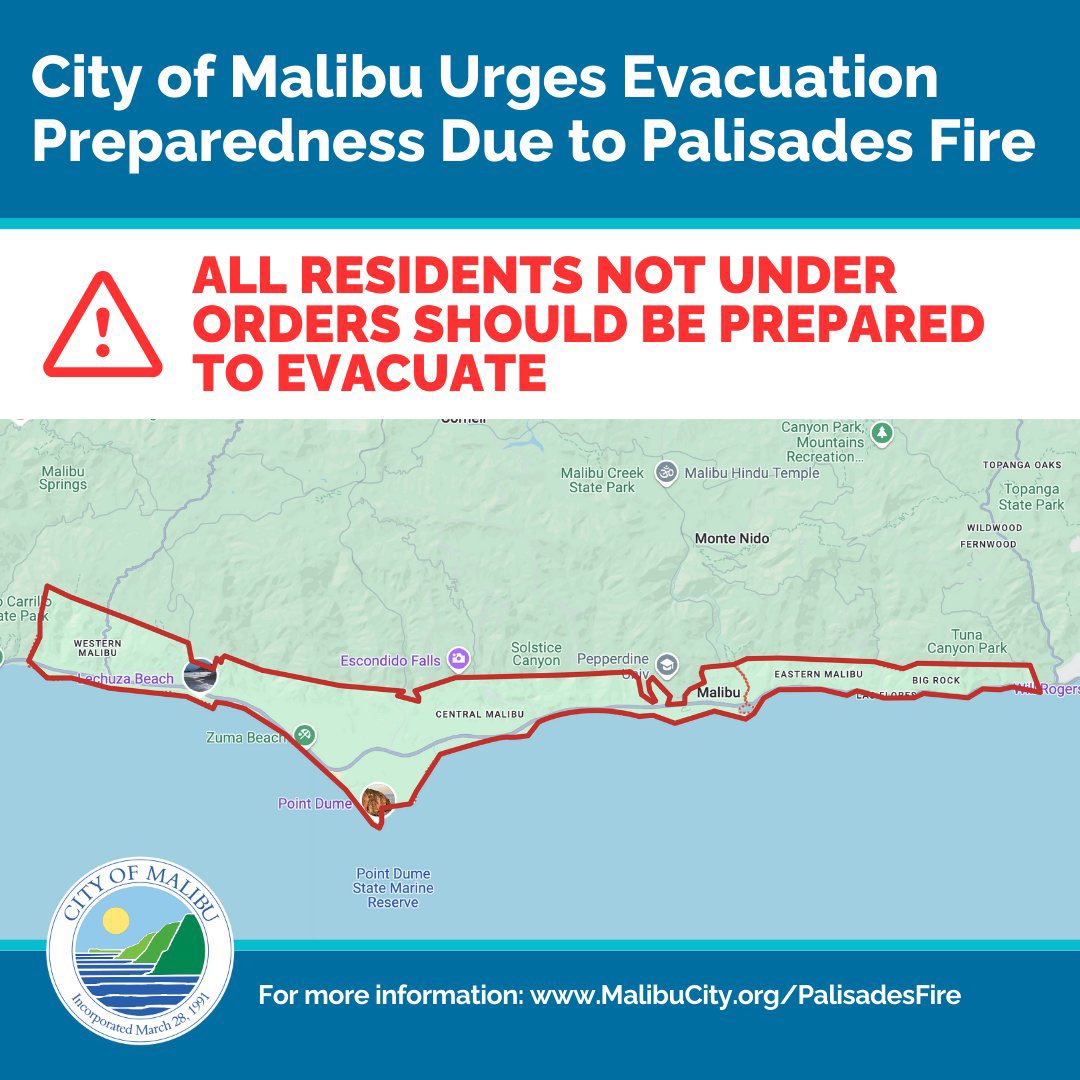 PalisadesFire The Fire has Jumped Carbon Mesa Road, the Fire seems to be Approaching towards Malibu despite the recent FranklinFire be ready to Evacuate this Fire will throw out Ember Cast and start Spot Fires