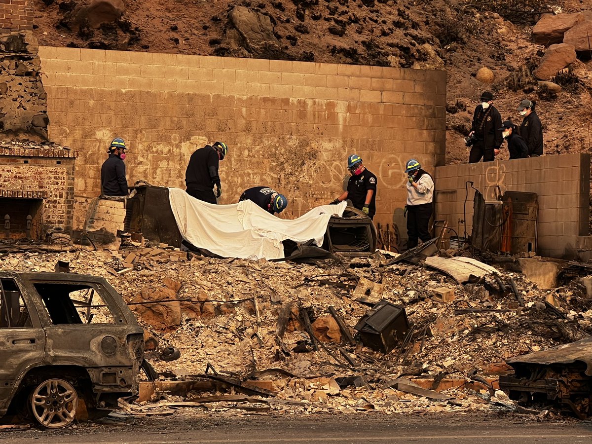 LA County Sheriff's Dept has received a report of a 4th location where possible human remains have been found in connection with PalisadesFire  the Medical Examiner is picking up remains they believe are of homeowner who died in their Malibu home