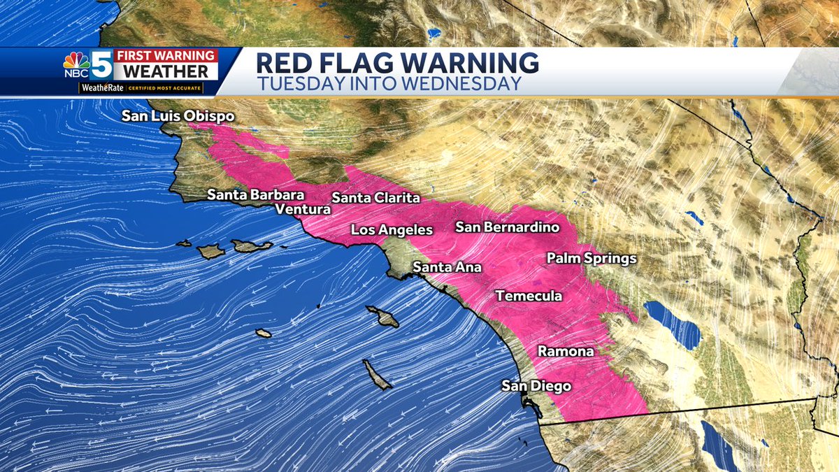 Particularly Dangerous Situation Fire Weather Warning northwest of Los Angeles Tuesday into Wednesday. Entire Fire Weather Warning included