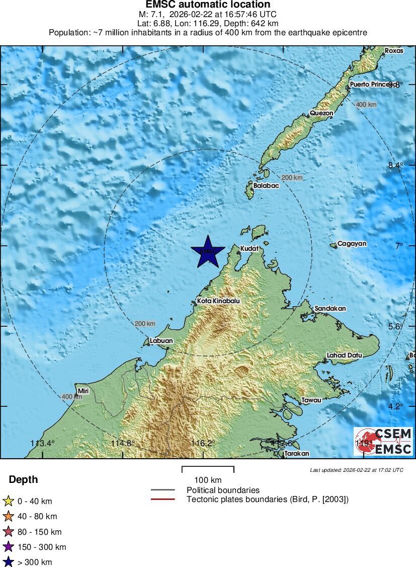 A powerful magnitude 7.1 earthquake struck offshore near Sabah, Malaysia