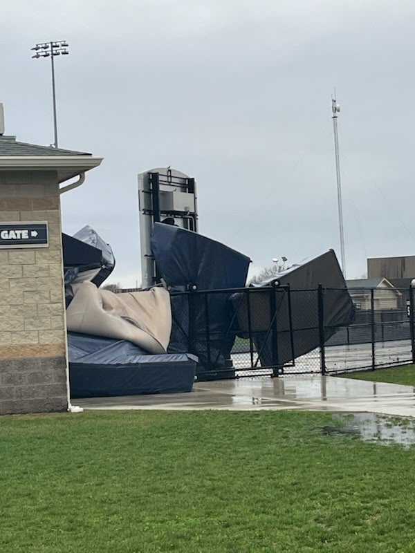 Damage from storms at Tri-West High School in Lizton, Indiana, this morning