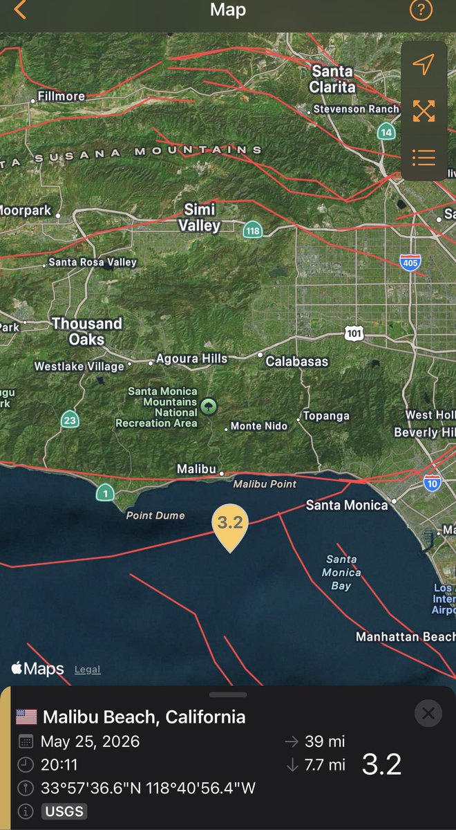 Malibu / California A Magnitude 3.2 earthquake just struck of the coast of Malibu California