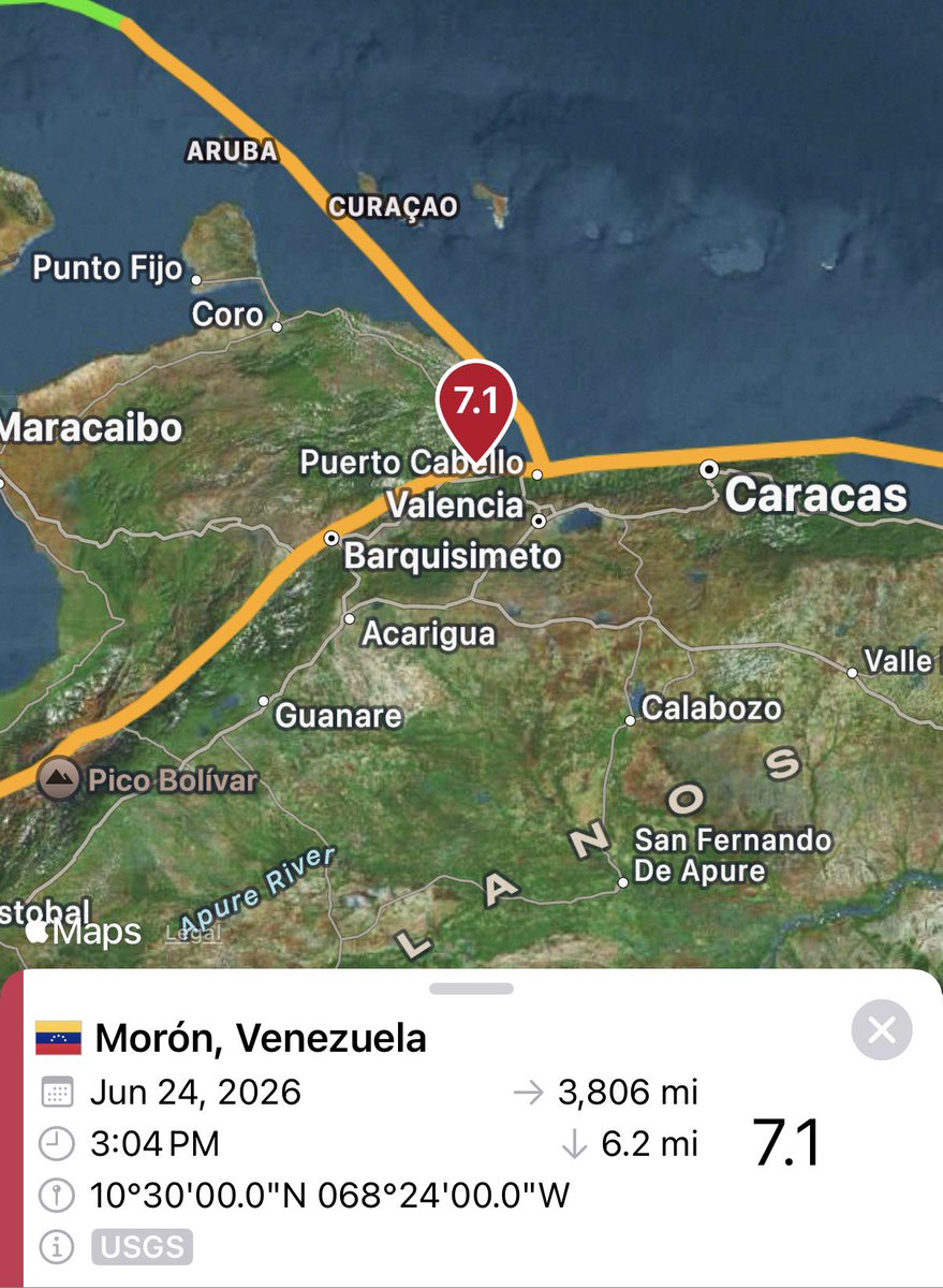 Ein Erdbeben der Stärke 7,1 hat Venezuela erschüttert, 21 Kilometer westlich von Morón. Es ist das sechststärkste Erdbeben, das das Land jemals getroffen hat.