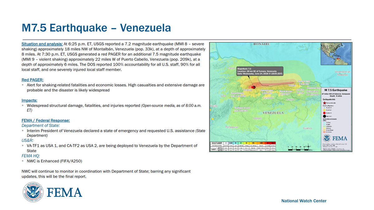 Stand heute Morgen um 8 Uhr hat FEMA Ressourcen aktiviert, um die Hilfsmaßnahmen nach den Erdbeben in Venezuela zu unterstützen. Den Anfang machten die städtischen Such- und Rettungsteams USA-01 und USA-02.