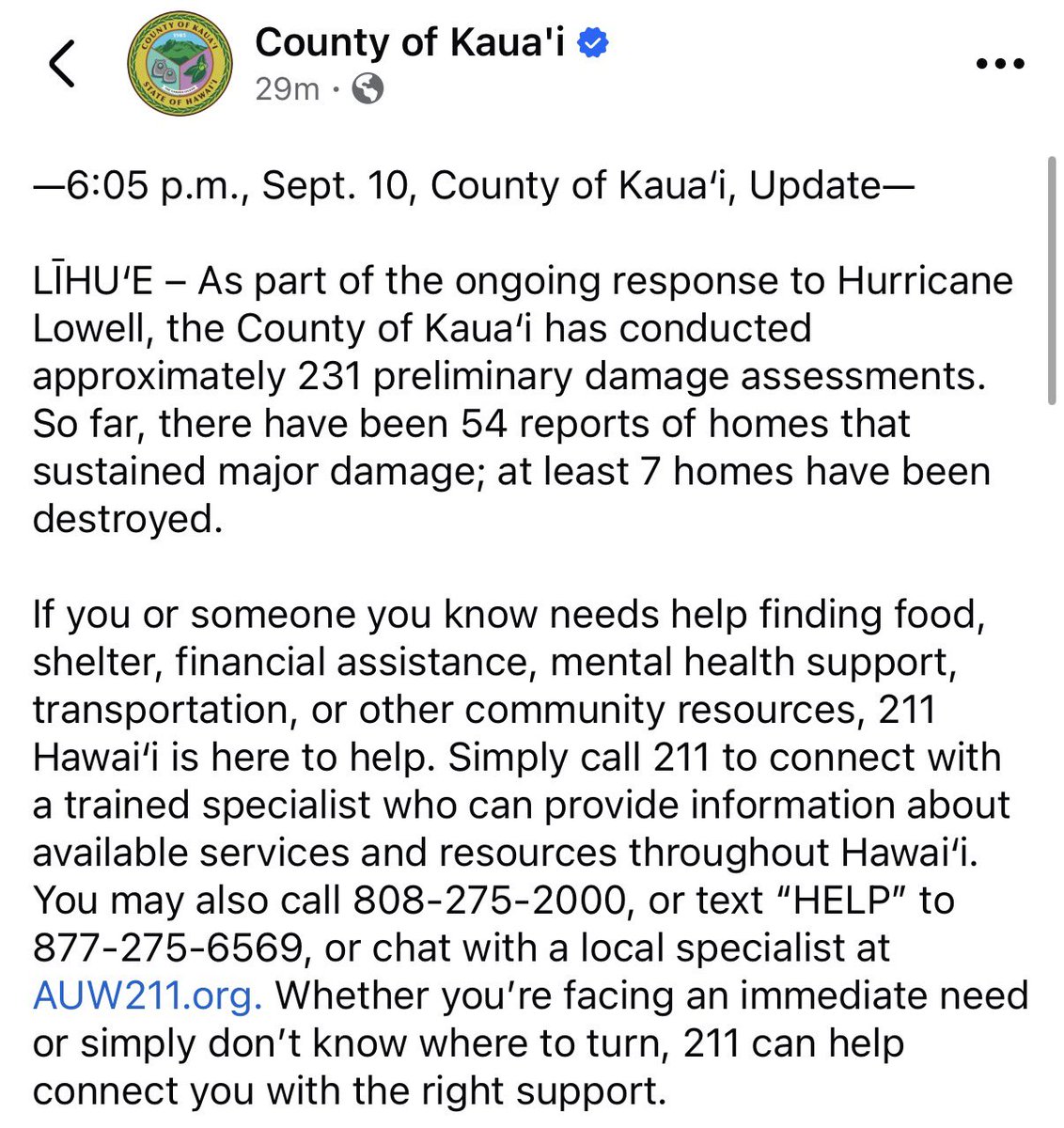 54 homes sustained major damage, 7 homes destroyed in Hurricane Lowell aftermath in Kauai County, Hawaii